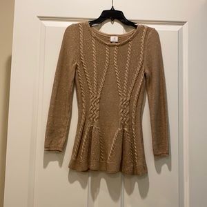 Cupio Tan/Gold 3/4 sleeve peplum sweater